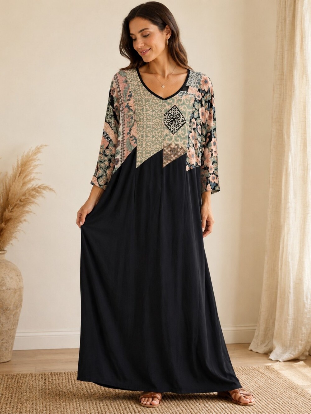 Boho Patchwork Floral Long Sleeve Dress in Black and Peach